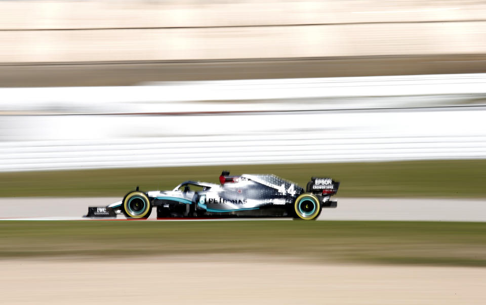 Mercedes driver Lewis Hamilton of Britain steers his car during the Formula One pre-season testing session at the Barcelona Catalunya racetrack in Montmelo, outside Barcelona, Spain, Friday, Feb. 28, 2020. (AP Photo/Joan Monfort)