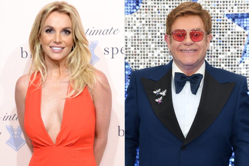 Britney Spears poses at the exclusive unveiling of The Intimate Britney Spears at New York Public Library - Celeste Bartos Forum on September 9, 2014 in New York City. (Photo by Kevin Mazur/Getty Images; Elton John attends the "Rocketman" UK premiere at Odeon Luxe Leicester Square on May 20, 2019 in London, England. (Photo by Karwai Tang/WireImage)