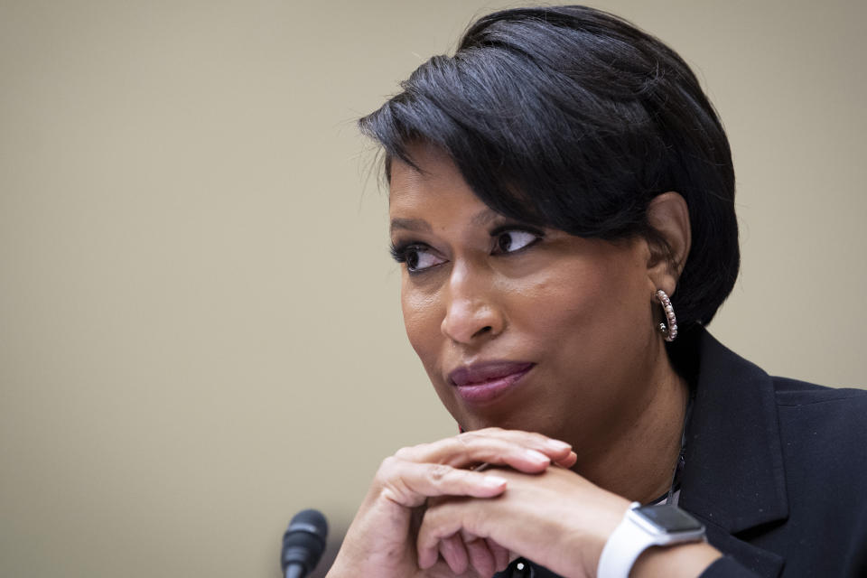 FILE - In this March 22, 2021, file photo Washington, D.C., Mayor Muriel Bowser, testifies at the House Oversight and Reform Committee hearing, on D.C. statehood on Capitol Hill in Washington. The latest incarnation of Washington’s long-simmering statehood push appears to be entering an end game as it moves to the U.S. Senate. “Our democracy is truly in the hands of this Senate,” Mayor Muriel Bowser told the Senate committee on homeland security and government affairs. “We will not quit until we achieve full democracy. ... We will keep pushing until D.C.’s tragic disenfranchisement is rectified.” (Caroline Brehman/Pool via CQ Roll Call, File)