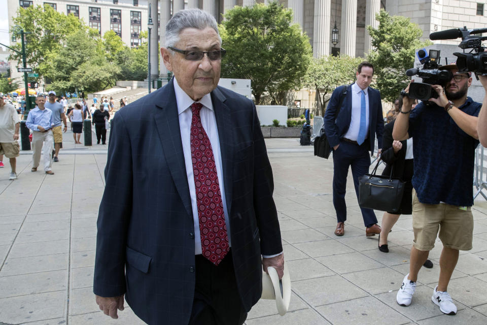 FILE - In this July 27, 2018 file photo, former New York Assembly Speaker Sheldon Silver arrives at federal court in New York. Silver is due to report on Wednesday, Aug. 26, 2020, to a federal prison in Otisville, New York, after being sentenced earlier this year to 6 1/2 years behind bars in a corruption case that toppled him from his longtime position as one of the state's most powerful politicians. (AP Photo/Mary Altaffer, File)