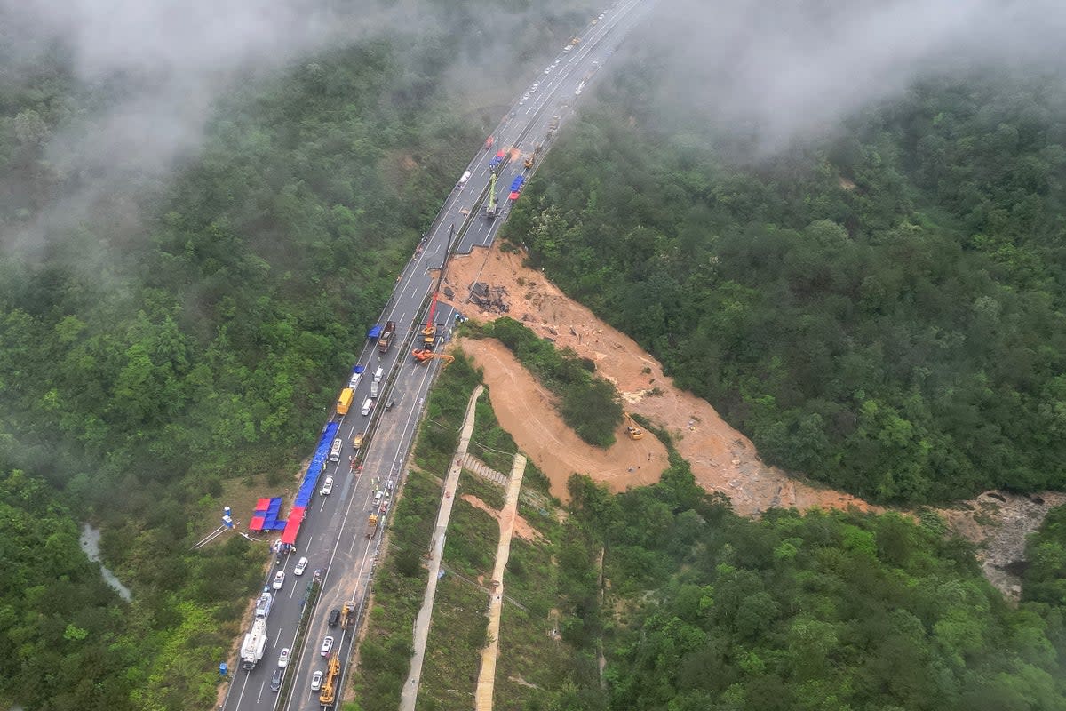 An aerial view of a collapsed section of a highway near Meizhou, in southern China's Guangdong province (CNS/AFP via Getty Images)
