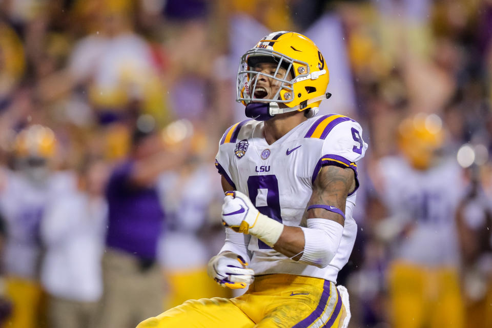 BATON ROUGE, LA - SEPTEMBER 29: LSU Tigers safety Grant Delpit (9) reacts to sacking Mississippi Rebels quarterback Jordan Ta'amu (10) on September 29, 2018 at Tiger Stadium in Baton Rouge, LA.  (Photo by Stephen Lew/Icon Sportswire via Getty Images)