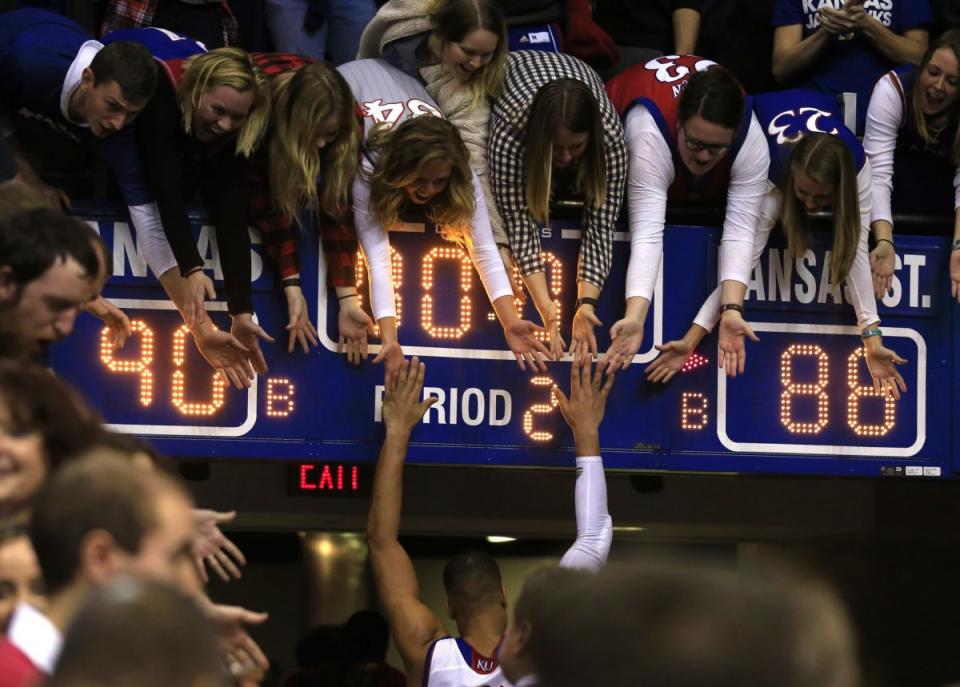 Svi Mykhailiuk needed an extra step or two to sink a game-winning layup to beat Kansas State (AP). 