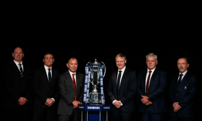 Int'l Six Nations rugby coaches (from L) Scotland's Vern Cotter, France's Guy Noves, England's Eddie Jones, Ireland's Joe Schmidt, Wales' Warren Gatland and Italy's Jacques Brunel pose for a photo in London, on January 27, 2016