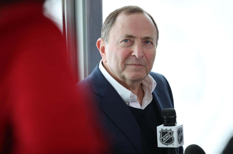 COLORADO SPRINGS, COLORADO - OCTOBER 10: NHL Commissioner Gary Bettman addresses the media after a press conference announcing the 2020 Navy Federal Credit Union NHL Stadium Series at Falcon Stadium on October 10, 2019 in Colorado Springs, Colorado. (Photo by Michael Martin/NHLI via Getty Images)