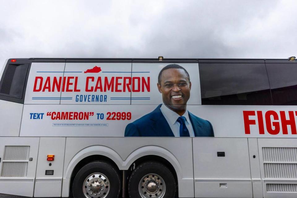 Daniel Cameron’s campaign bus arrives for a stop at the Kentucky Welding Institute in Flemingsburg, Ky., on Monday, Oct. 30, 2023. Ryan C. Hermens/rhermens@herald-leader.com