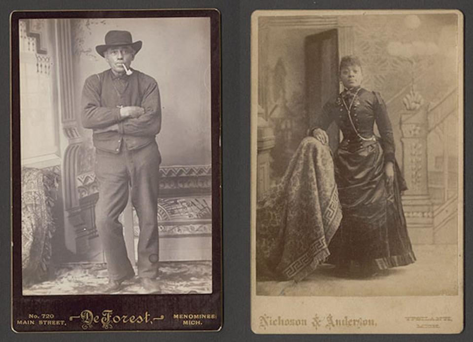 Cabinet card portraits of African Americans from the David V. Tinder Collection of Michigan Photography. Left: Man with Pipe, circa 1887. Right: Woman in Silk Dress, circa 1888. William L. Clements Library