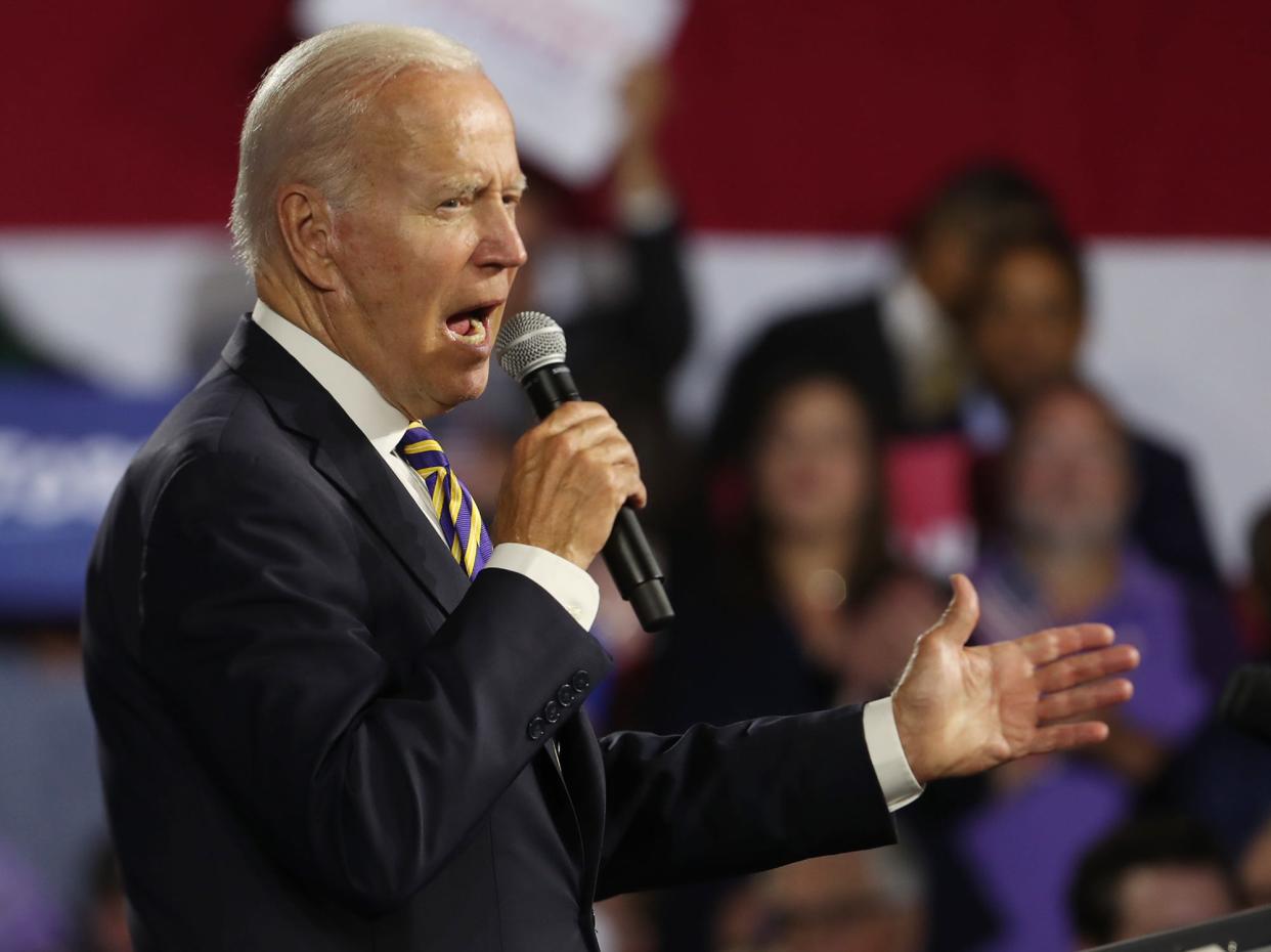 President Joe Biden talks about the Butch Lewis Act during a speech at Max S. Hayes High School in Cleveland on Wednesday.