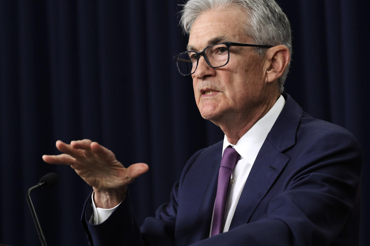 WASHINGTON, DC - MAY 01: Federal Reserve Bank Chair Jerome Powell announces that interest rates will remain unchanged during a news conference at the bank's William McChesney Martin building on May 01, 2024 in Washington, DC. Following the regular two-day Federal Open Markets Committee meeting, Powell said the U.S. economy continues to show momentum and inflation has remained high in recent months, informing the Fed's decision to keep their current 5.33 percent rate setting.  (Photo by Chip Somodevilla/Getty Images)