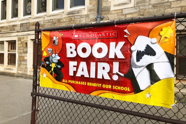 Scholastic Book Fair banner outside Catholic school, Queens, New York - Credit: Lindsey Nicholson/UCG/Universal Images Group/Getty Images