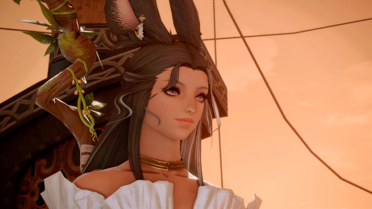  A female Viera as a White Mage looks on with a small smile. 