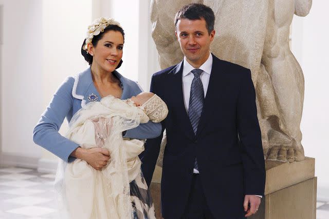 <p>LEBON/Gamma-Rapho via Getty</p> Crown Princess Mary and Crown Prince Frederik at Prince Christian's baptism on Jan. 21, 2006