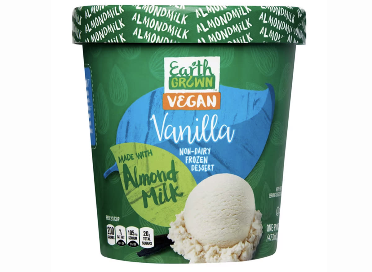 A pint of Earth Grown Vanilla Almond Non-Dairy Almond Ice Cream from Aldi