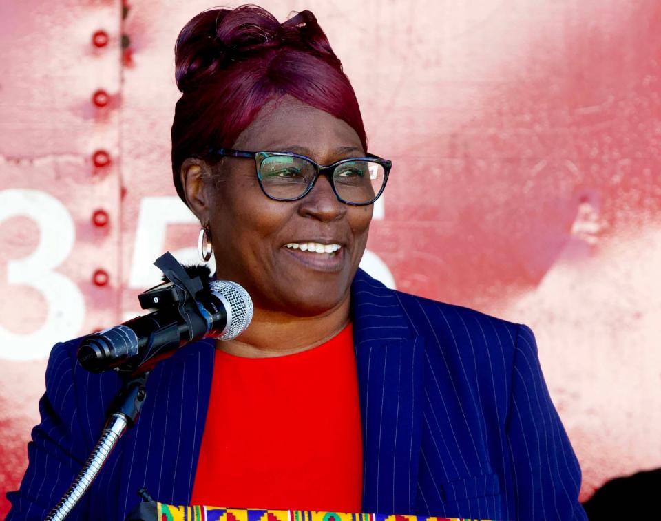 The Rev. Dr. Marie Herring, pastor of DaySpring Baptist Church in northeast Gainesville speaks at the Soil Collection Ceremony in Waldo on Saturday held to memorialize lynching victims in the area. “When we forget, we have a tendency to repeat,” Herring said.