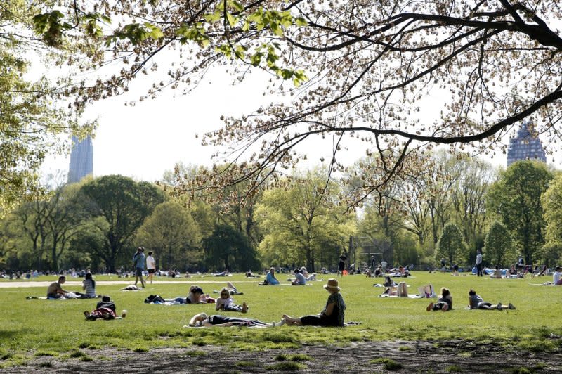 People enjoy the weather in Central Park in New York City on May 3, 2020. On June 12, 1982, the park was host to an estimated 1 million people gathered to call for world nuclear disarmament, the largest disarmament rally in U.S. history. File Photo by John Angelillo/UPI