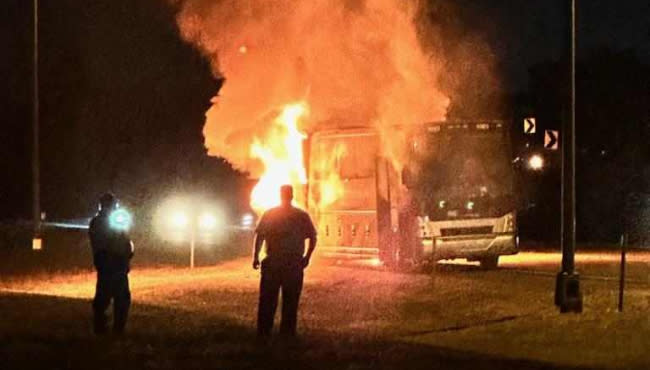 A photo of the Carson City-Crystal Marching Eagles' bus, which burned Sunday night. (Courtesy Chad Parmenter)