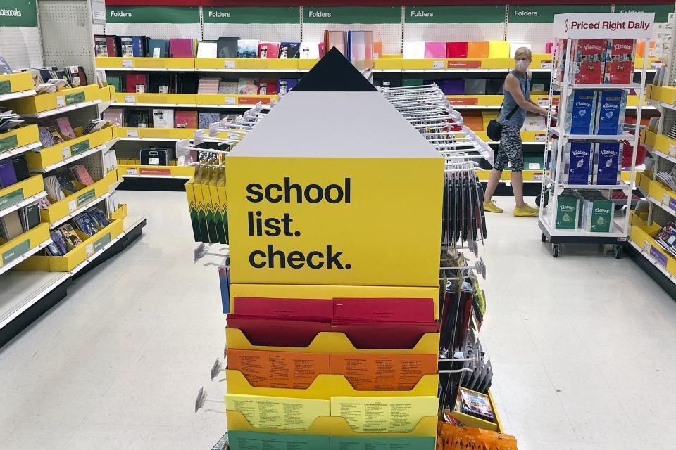 FILE - Back-to-school supplies await shoppers at a store on Saturday, July 11, 2020, in Marlborough, Mass.  The pandemic has dragged into the new school year and wreaked havoc on reopening plans. That has extended to the back-to-school shopping season, the second most important period for retailers behind the holidays.  (AP Photo/Bill Sikes, File)