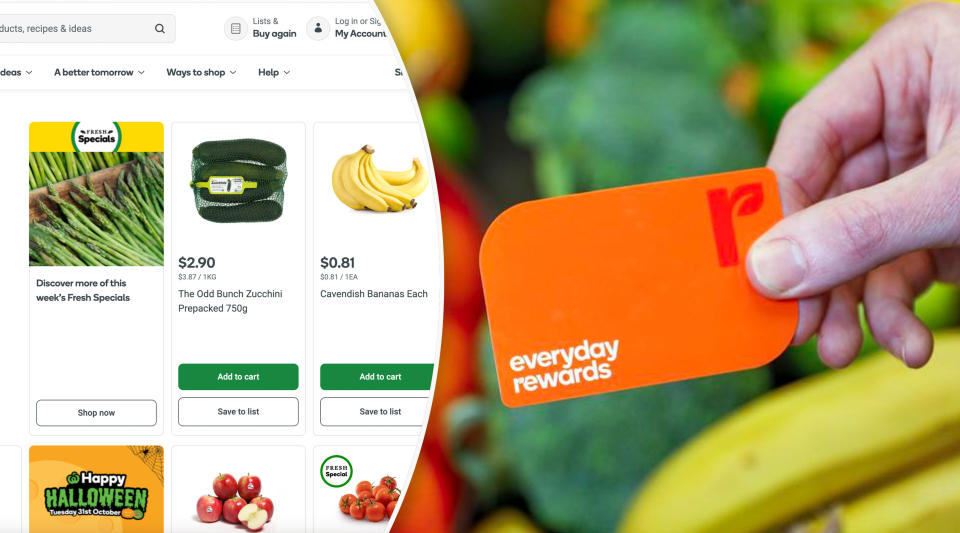 Woolworths online website cut with a picture of a person holding an Everyday Rewards card.