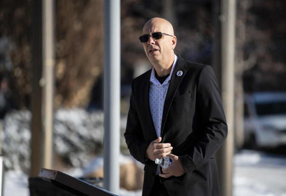 Matthew Haynes, co-owner and founder of Club Q, enters the El Paso County courthouse for the second and final day of a preliminary hearing for the alleged shooter in the Club Q mass shooting Thursday, Feb. 23, 2023, in Colorado Springs, Colo. (Parker Seibold/The Gazette via AP)