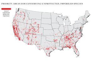 Areas of unprotected biodiversity importance have been identified by NatureServe and partners based on the presence of unprotected, range-limited imperiled species. By combining our data on the location of imperiled species with a map of protected areas, NatureServe has identified currently unprotected areas where conservation actions will most benefit biodiversity. These areas, marked in red on the map, indicate where on-the-ground conservation actions can most effectively prevent the extinction of the nation’s most imperiled species.