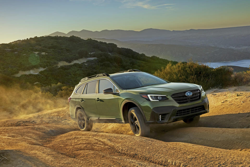 This undated photo from Subaru shows the Outback Onyx Edition XT, a midsize SUV that gets an EPA-estimated 29 mpg in mixed driving conditions. Subaru’s Outback is one of the brand’s best-selling vehicles, and the redesigned 2020 Outback is particularly intriguing. (Courtesy of Subaru of America via AP)