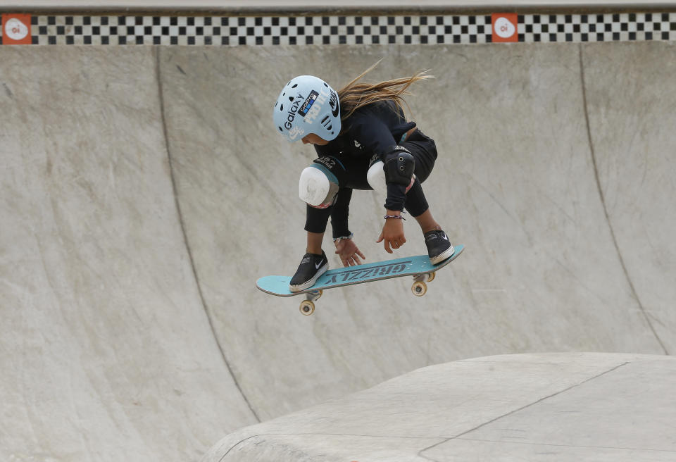 Sky Brown of Britain competes during the Skate Park World Championship in Sao Paulo, Brazil, Friday, Sept. 13, 2019. (AP Photo/Andre Penner)