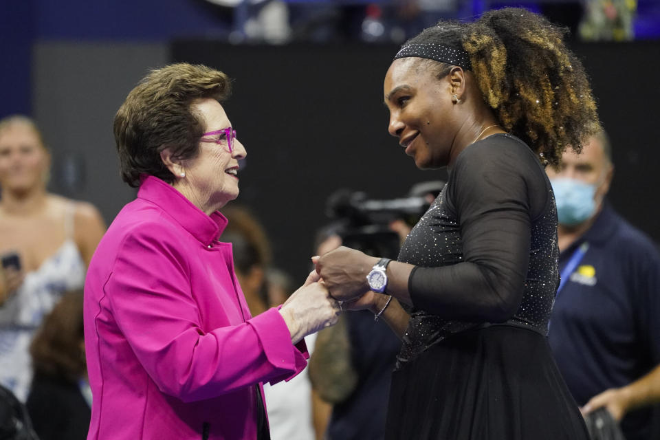 FILE - Billie Jean King, left, meets with Serena Williams, of the United States, after Williams defeated Danka Kovinic, of Montenegro, during the first round of the U.S. Open tennis tournament Aug. 29, 2022, in New York. Pioneering player King, now 78, said Williams gives older fans and players hope and “a pep in their step.” Williams, who plays again on Friday, has hinted that this Open is her last major tournament. (AP Photo/John Minchillo, File)