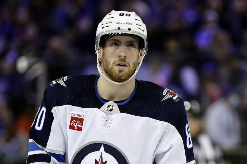 Winnipeg Jets left wing Pierre-Luc Dubois (80) reacts against the New York Rangers in the second period of an NHL hockey game Monday, Feb. 20, 2023, in New York. (AP Photo/Adam Hunger)