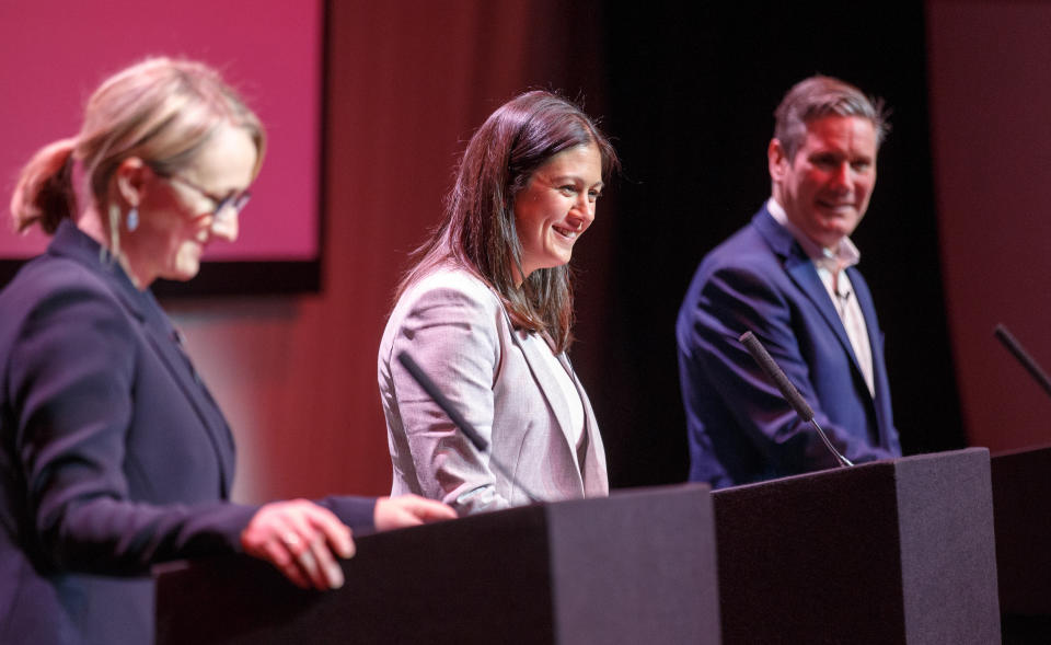 GLASGOW, SCOTLAND - FEBRUARY 15:  Lisa Nandy at the Labour leadership hustings on the stage at SEC in Glasgow on February 15, 2020 in Glasgow, Scotland. Sir Keir Starmer, Rebecca Long-Bailey and Lisa Nandy are vying to replace Labour leader Jeremy Corbyn, who offered to step down following his party's loss in the December 2019 general election. Emily Thornberry was eliminated from the race yesterday after failing to secure enough nominations from local constituency parties. (Photo by Robert Perry/Getty Images)