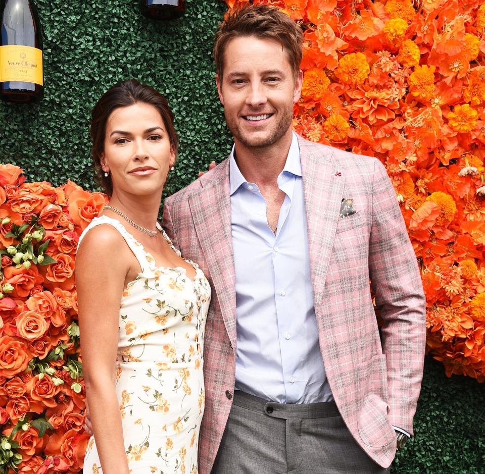 Sofia Pernas and Justin Hartley attend the Veuve Clicquot Polo Classic Los Angeles at Will Rogers State Historic Park on October 02, 2021 in Pacific Palisades, California.