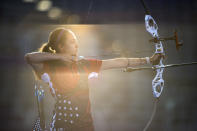 <p>TOKYO, JAPAN - JULY 28: Jennifer Mucino-Fernandez of Team United States competes in the archery Women's Individual 1/32 Eliminations on day five of the Tokyo 2020 Olympic Games at Yumenoshima Park Archery Field on July 28, 2021 in Tokyo, Japan. (Photo by Justin Setterfield/Getty Images)</p> 