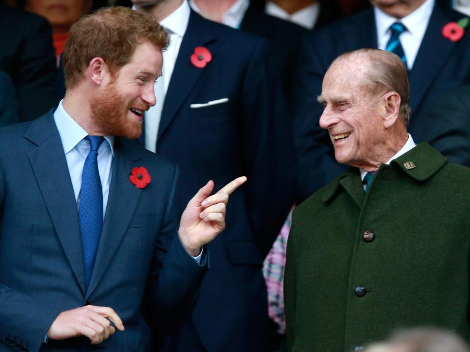 Prince Harry and Prince Phillip during the 2015 Rugby World Cup Final match.