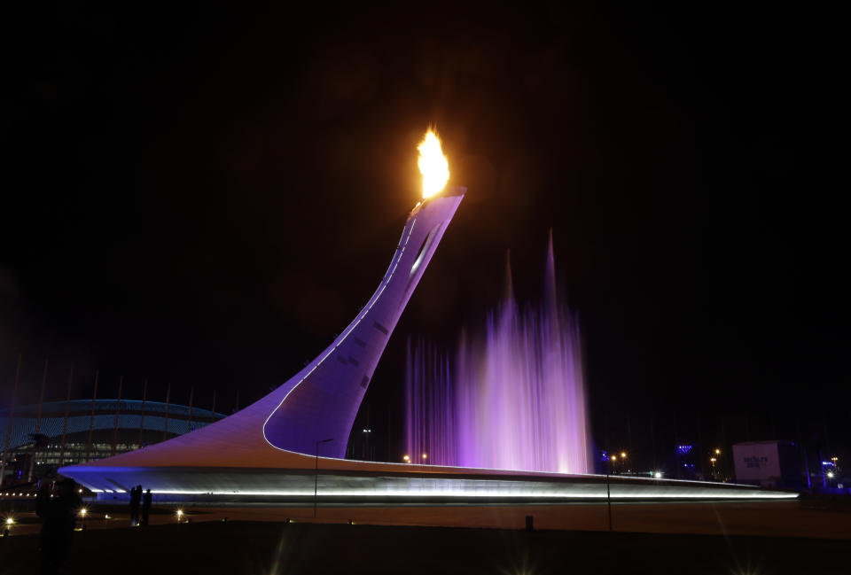 The Olympic Cauldron is lit during the opening ceremony of the 2014 Winter Olympics in Sochi, Russia, Friday, Feb. 7, 2014. (AP Photo/Darron Cummings)