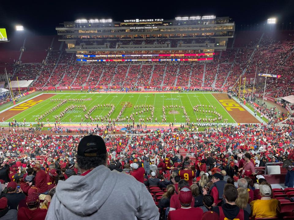 The view from the stands of a USC football game at the LA Memorial Coliseum.