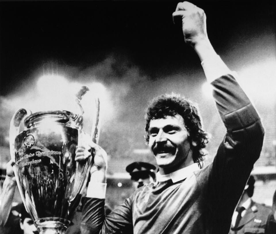 FILE - In this May 7, 1986 file photo jubilant Steaua Bucharest goalkeeper Helmuth Duckadam raises the European Champions Cup after the Romainian team defeated Barcelona in penalties in Seville, Spain. S is for Steaua Bucharest. Steaua beat hot favorites Barcelona on penalties with goalkeeper Helmuth Duckadam being labelled 'The Hero of Seville. It was the first European Cup final to finish goalless and remains Steaua's only European Cup triumph, and the first of only two won by an Eastern European club. (AP Photo/Fernando Ricardo, File)