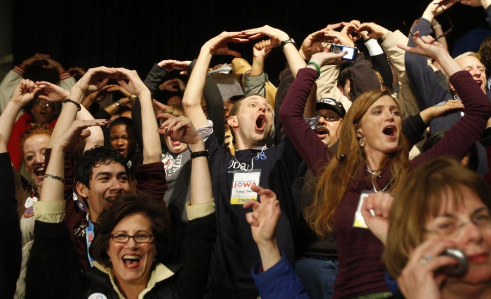 Barack Obama supporters form the 'O' for Obama as they cheer for their candidate before he takes the stage at Hy-Vee Hall on Jan. 3, 2008. Obama won the Democratic Iowa Caucuses.