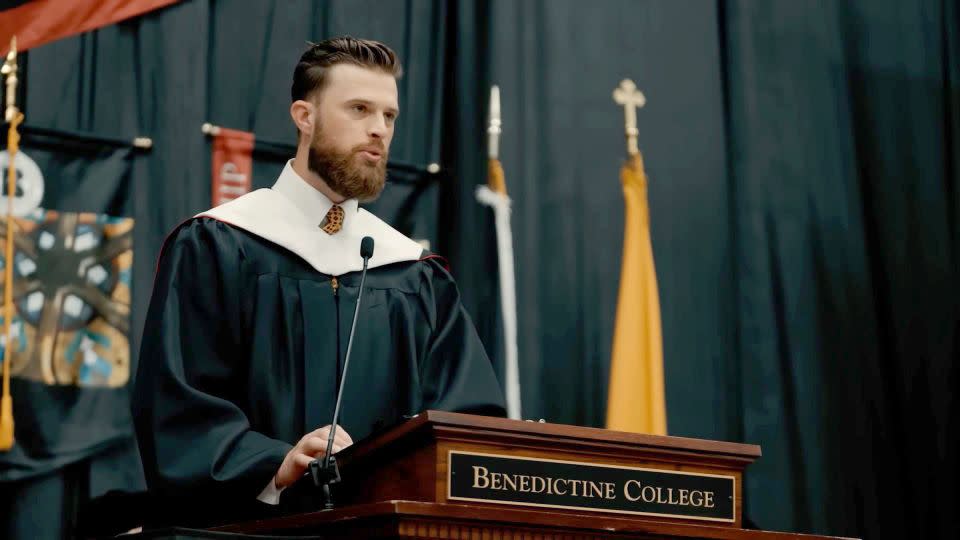 Harrison Butker speaking at Benedictine College. - Benedictine College