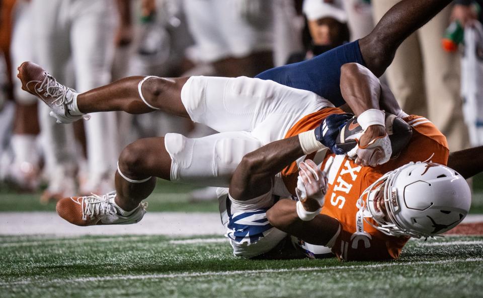 Texas wide receiver Ryan Wingo catches a pass in the fourth quarter of the Longhorns' 56-7 win over UTSA last Saturday at Royal-Memorial Stadium. Wingo, a true freshman, already has 197 yards receiving on only seven catches.