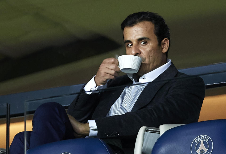 PARIS, FRANCE - SEPTEMBER 25: Sheikh Tamim bin Hamad Al Thani, Emir of Qatar and owner of PSG attends the Ligue 1 match between Paris Saint-Germain and Stade Reims at Parc des Princes on September 25, 2019 in Paris, France. (Photo by Quality Sport Images/Getty Images)