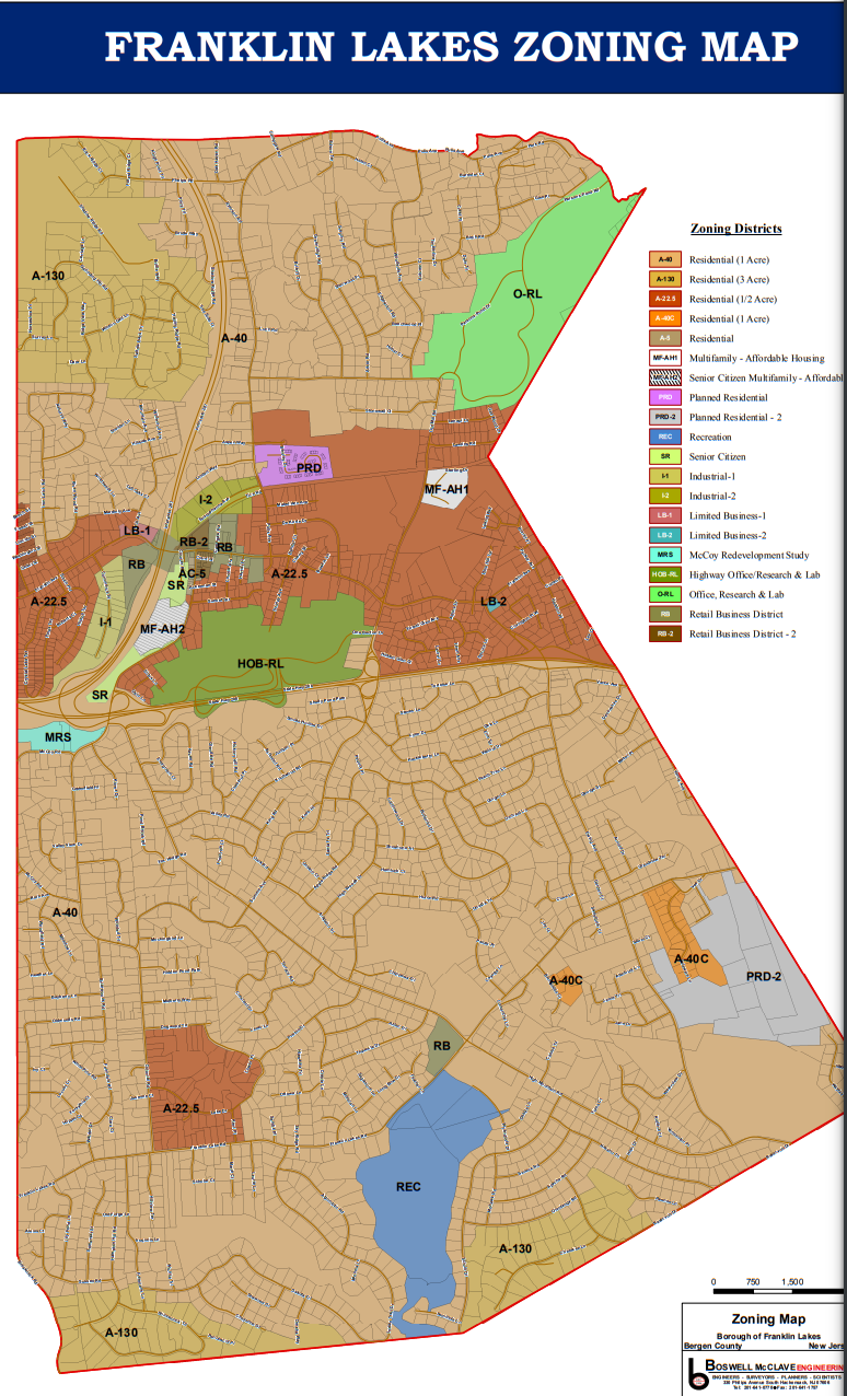 Much of Franklin Lakes is zoned for single-family residential, but questions remain about what could happen to undeveloped tracts of land, or property zoned for office research (green).  The recently approved Cigna development on Parsons Pond Road is in light green, upper right.