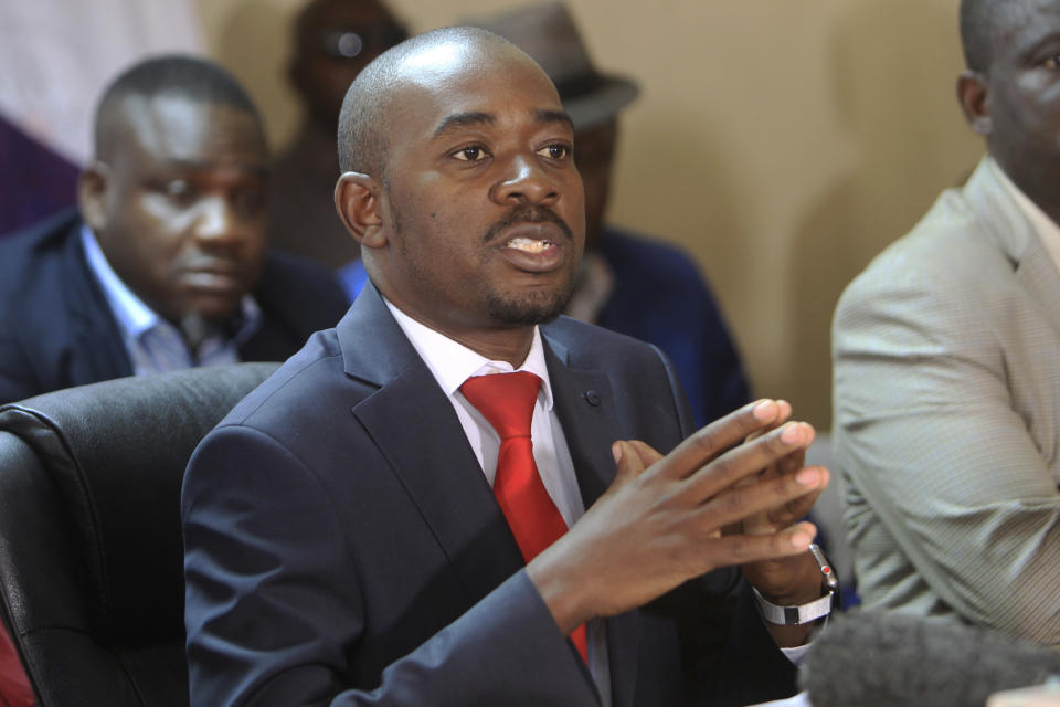 Zimbabwe opposition leader Nelson Chamisa addresses a media conference at the party headquarters in Harare, Saturday, Aug, 25, 2018. Chamisa said he respectfully rejects the court ruling upholding President Emmerson Mnangagwas narrow election win. (AP Photo/Tsvangirayi Mukwazhi)