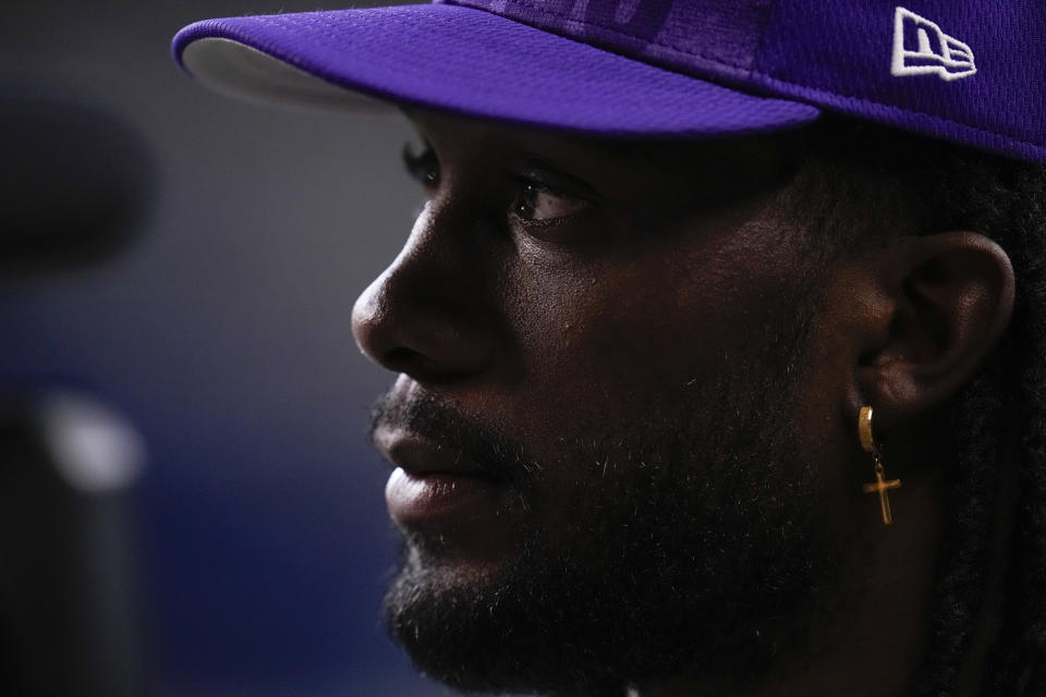 FILE - Minnesota Vikings' Alexander Mattison is shown during the first half of an NFL football game against the Seattle Seahawks, Thursday, Aug. 10, 2023, in Seattle. Mattison and the Vikings had just taken a tough loss earlier this season when the veteran running back checked his social media accounts and found dozens of hateful and racist messages directed toward him in relative digital anonymity.(AP Photo/Gregory Bull, File)