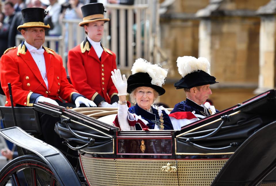 WINDSOR, ENGLAND - JUNE 18: Britain's Princess Alexandra (C) and Britain's Prince Edward, Duke of Kent (R) arrive to attend the Most Noble Order of the Garter Ceremony at St George's Chapel, Windsor Castle on June 18, 2018 in Windsor, England. The Order of the Garter is the senior and oldest British Order of Chivalry, founded by Edward III in 1348. The Garter ceremonial dates from 1948, when formal installation was revived by King George VI for the first time since 1805. (Photo by Ben Stansall-WPA Pool/Getty Images)