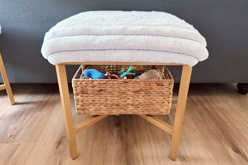 Baskets under the ottoman.