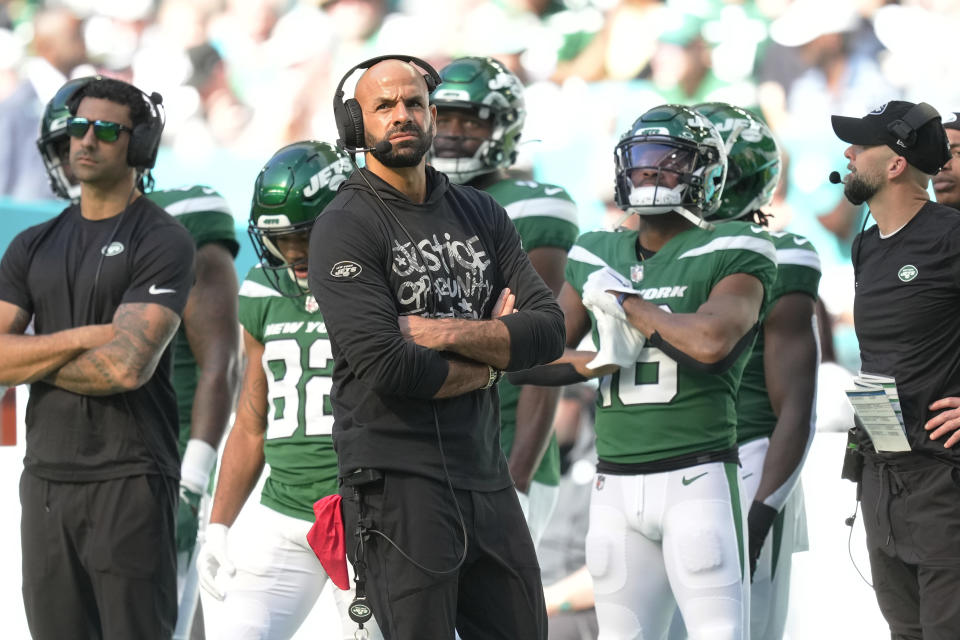 New York Jets head coach Robert Saleh looks up during the first half of an NFL football game against the Miami Dolphins, Sunday, Dec. 17, 2023, in Miami Gardens, Fla. (AP Photo/Rebecca Blackwell)