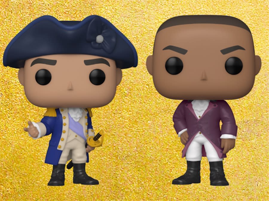 Two Hamilton Funko Pops, on the left George Washington, the right Aaron Burr