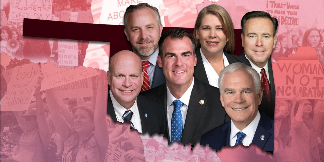 The state of Oklahoma with heads of Governor Kevin Stitt, Senator Greg Treat, Representative Wendi Stearman, Representative Todd Russ, Representative Jim Olsen, and Attorney General John O'Conner.