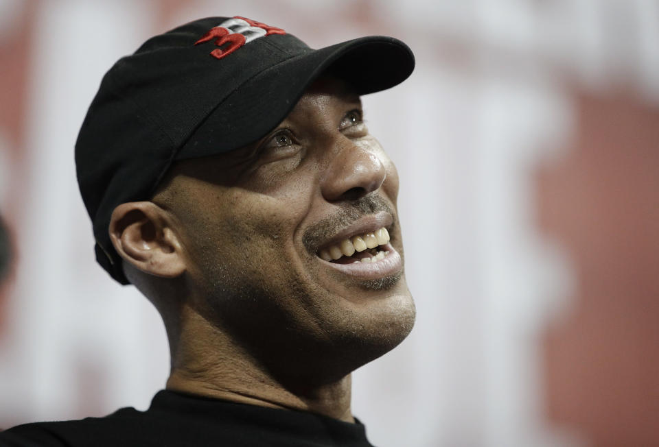 It’s now a little harder to get a microphone in front of LaVar Ball’s face. (AP)