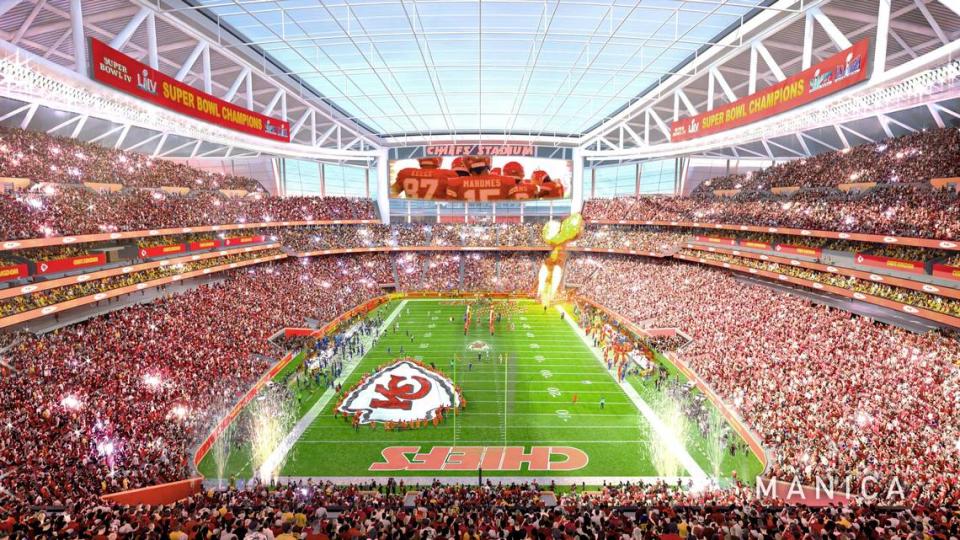 Here’s a rendering showing the concept of what a new domed stadium for the Kansas City Chiefs might look like at the interchange of Interstates 70 and 435 in Kansas City, Kansas.