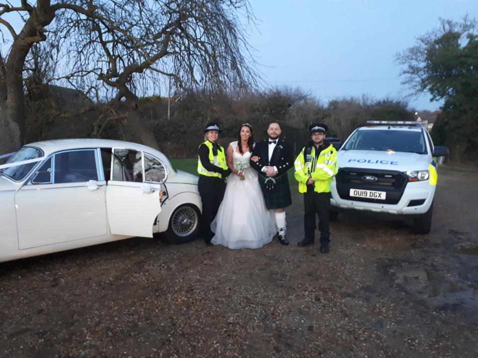 Jenna Bassam, 27,and her new husband Craig were pleased when the police showed up to their wedding (Picture: Bedfordshire Police)